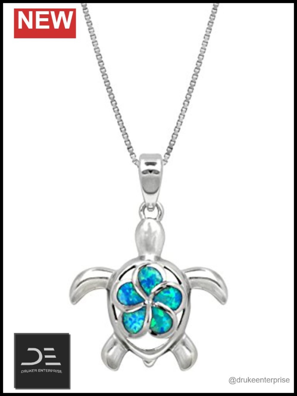 Sterling Silver Turtle Sea Life Pendant Necklace with Simulated Blue Opal